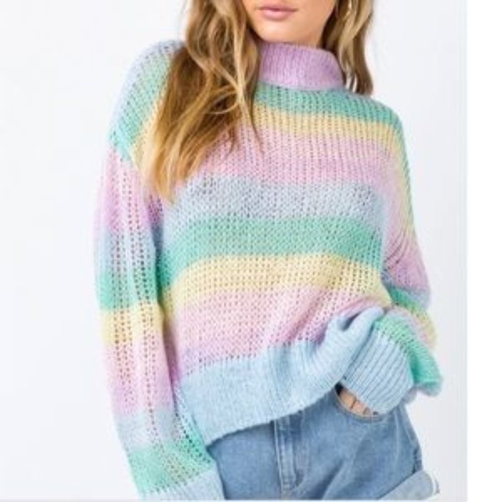 Lazy Oaf pastel rainbow stripe fine knit sweater size:S